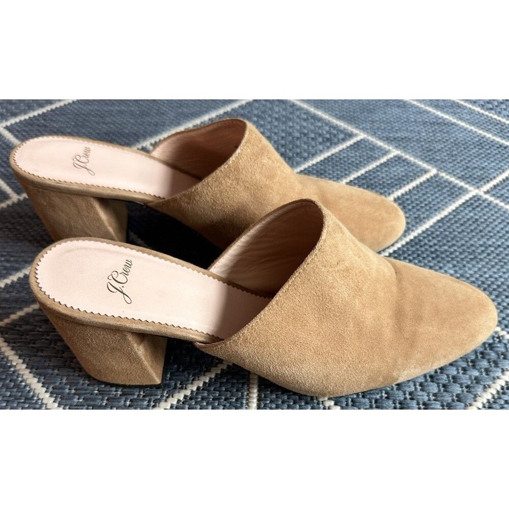 J Crew Tan Suede Pointed Toe Stacked Mid Block Heel Slip On Mules Clogs Size 9 - Picture 9 of 13